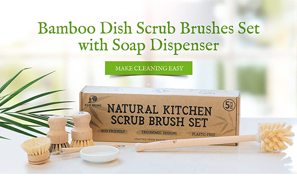 Eco Friendly Bamboo Dish Scrub Brush Set